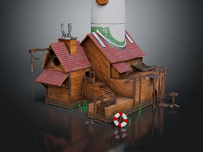 Wooden Cabin Building With Red Roof Stairs Tall Tower Lifebuoy Grass And Decorations 3d model