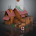 Wooden Cabin Building With Red Roof Stairs Tall Tower Lifebuoy Grass And Decorations