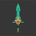 Green and Gold Fantasy Sword with Ornate Hilt and Decorative Blade Design