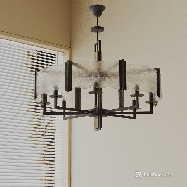 Modern Chandelier With Black Metal Frame And Transparent Mesh Shade In Room With Blinds 3d model 