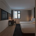 Homestay Guest Room With Twin Beds Table Lamps Wooden Floor And Decorative Wall