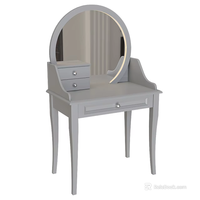 Modern Grey Dressing Table With Round Mirror And Drawers For Bedroom 3d model