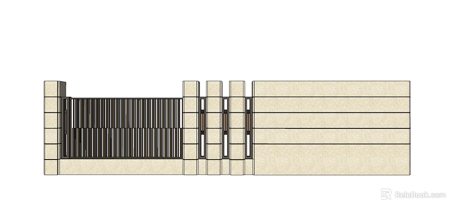 Modern Entrance Gate Design With Metal Slats And Stone Wall Structure 3d model 