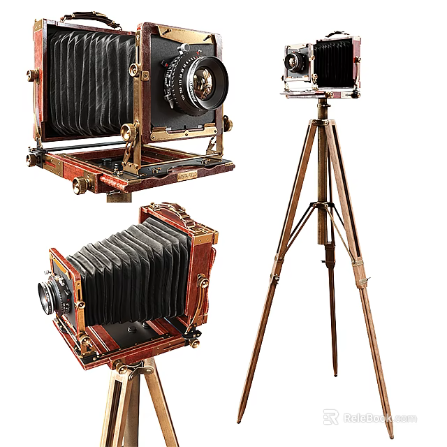 Vintage Cameras With Wooden Metal Structure And Tripod Displayed In Different Angles 3d model 