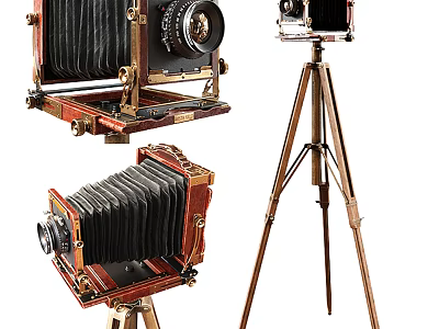 Vintage Cameras With Wooden Metal Structure And Tripod Displayed In Different Angles 3d model