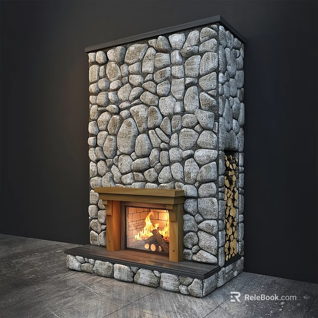 Stone Fireplace With Burning Fire Inside And Stacked Firewood Beside 3d model