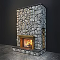 Stone Fireplace With Burning Fire Inside And Stacked Firewood Beside