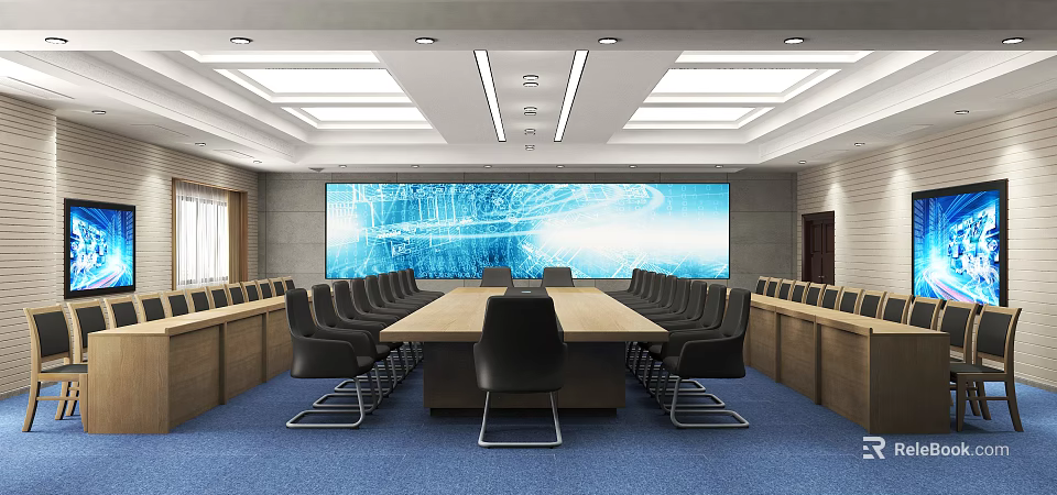 Modern Conference Room Interior With Long Table Black Chairs Large Blue Screen And Ceiling Lights 3d model 