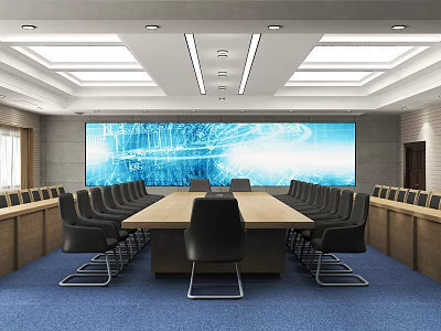Modern Conference Room Interior With Long Table Black Chairs Large Blue Screen And Ceiling Lights 3d model