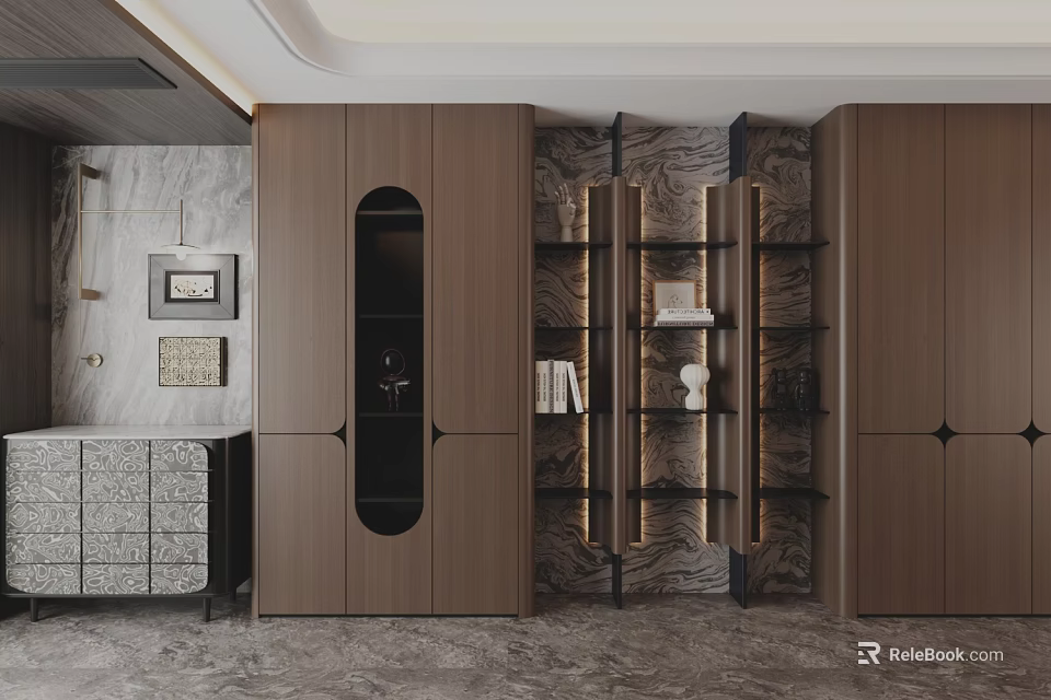 Modern Luxury Living Room Decorative Cabinet With Wooden Frame Glass Door And Marble Background 3d model 