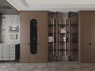 Modern Luxury Living Room Decorative Cabinet With Wooden Frame Glass Door And Marble Background 3d model