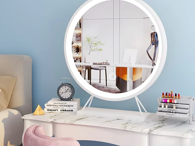 Round Mirror on Dressing Table With Marble Countertop Reflecting Room Interior And Cosmetics Organizer 3d model