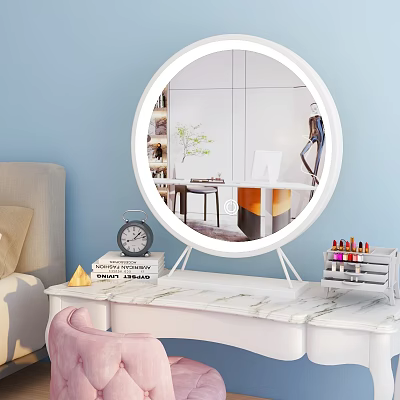 Round Mirror on Dressing Table With Marble Countertop Reflecting Room Interior And Cosmetics Organizer 3d model