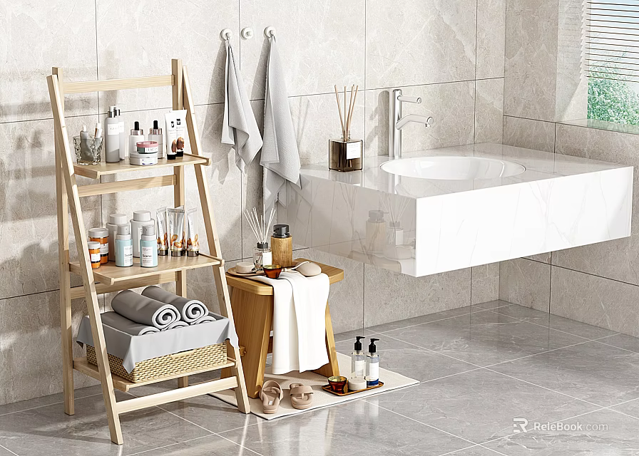 Bathroom Accessories Organized With Wooden Ladder Shelf Towels Toiletries And Wall Mounted Sink 3d model 