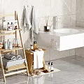 Bathroom Accessories Organized With Wooden Ladder Shelf Towels Toiletries And Wall Mounted Sink