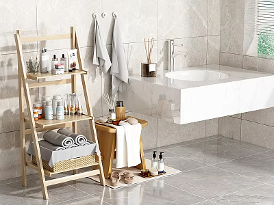 Bathroom Accessories Organized With Wooden Ladder Shelf Towels Toiletries And Wall Mounted Sink 3d model
