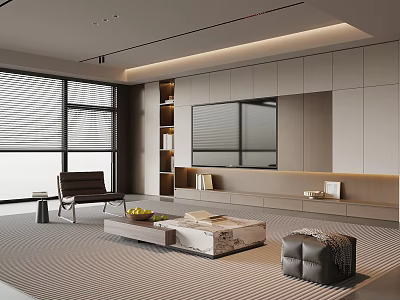 Modern Minimalist Living Room With TV Wall Storage Cabinets Large Windows Area Rug Coffee Table 3d model