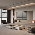 Modern Minimalist Living Room With TV Wall Storage Cabinets Large Windows Area Rug Coffee Table