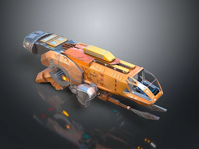 Futuristic Sci Fi Spaceship 3D Model With Orange Yellow Metallic Exterior And Detailed Cockpit 3d model