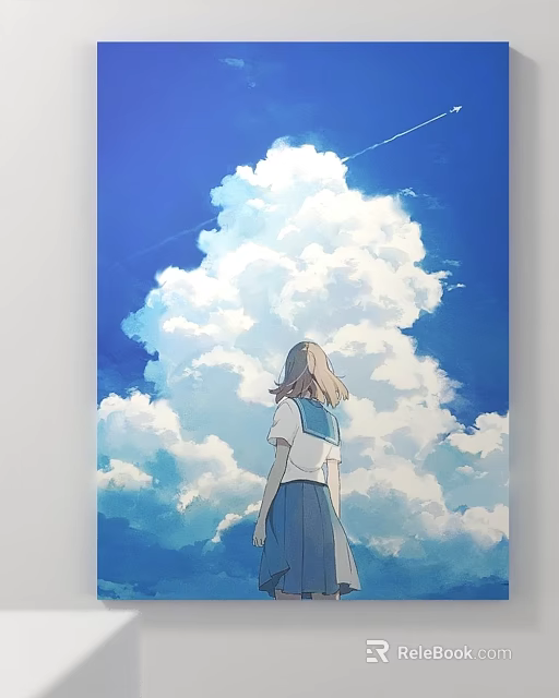 Back View Of Girl Standing Under Large Fluffy Clouds In Blue Sky 3d model 