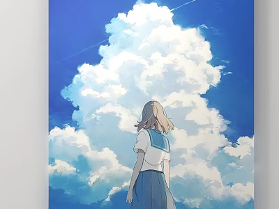 Back View Of Girl Standing Under Large Fluffy Clouds In Blue Sky 3d model