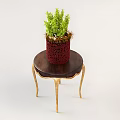 Stylish Round Coffee Table With Dark Wooden Top Golden Legs Green Plant Red Pot