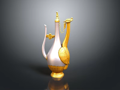 Gold And White Swan Shaped Ewer Sculpture With Intricate Carving Details 3d model