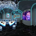 Modern KTV Interior Design with Blue Neon Lights Sofa Table TV Screen and Marble Floor