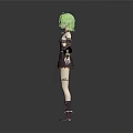 Stylized 3D Anime Character With Green Hair Purple Brown Outfit Decorative Cuffs And Leg Tattoos