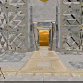 Grand Interior Hall With Symmetric Geometric Wall Decorations Central Entrance Patterned Carpet And Stone Flooring
