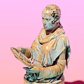 Landscape Sculpture Human Figure Holding Circular Geometric Pattern With Decorative Base Pastel Pink Blue Background