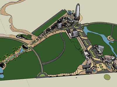Modern Commercial Street Design With Green Spaces Water Features And Pedestrian Areas 3d model