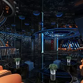 Modern Luxury KTV Interior With Blue Lighting Round Ceiling Marble Floor And Bar Counter