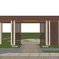 Modern Entrance Gate Architectural Design With Columns Canopy Blue Sky And Green Lawn
