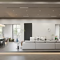 Modern Office Interior With Open Layout Gray Tones Bookshelves Sofas Bar Counter And Green Plants