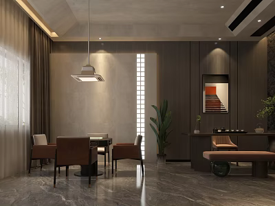 Cozy Modern Hotel Mahjong Room Interior With Tables Chairs Chandeliers And Decorative Plants 3d model
