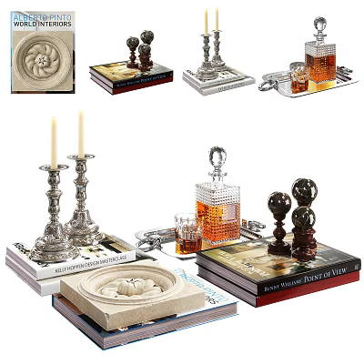 Elegant Decorative Ornament Set With Silver Candle Holders Whiskey Decanter And Books 3d model