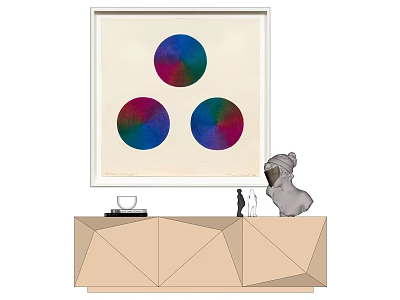 Abstract Painting With Three Colorful Circles Above Geometric Cabinet And Gray Koala Figurine 3d model
