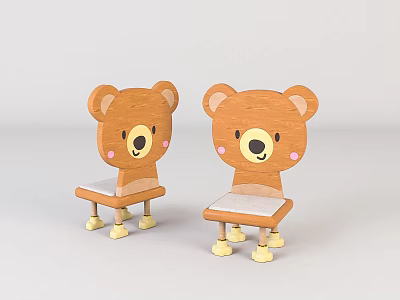 Two Cute Brown Bear Shaped Chairs With Smiling Faces White Seats And Yellow Legs 3d model