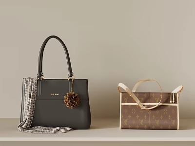 Stylish Black Handbag With Pom Pom Accessory And Brown Patterned Tote Bag 3d model