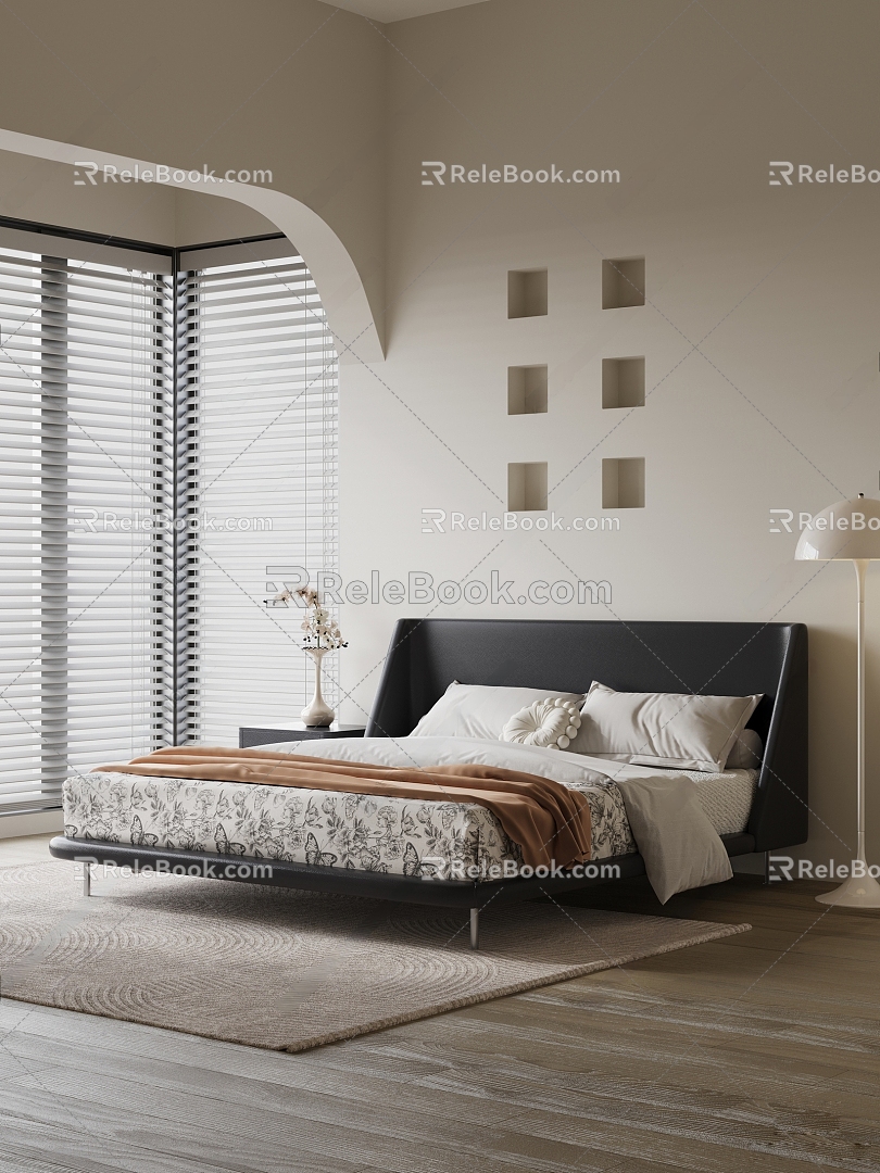 Bedroom double bed bedside table floor lamp venetian blinds carpet potted plant ornaments 3d model