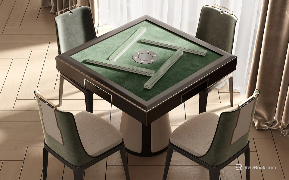 Modern Mahjong Entertainment Table With Green Felt Surface And Four Accent Chairs 3d model 