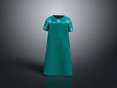 Green Short Sleeve Dress With Sequin Embellished Sleeves Soft Fabric Side Pockets Elegant Style 3d model