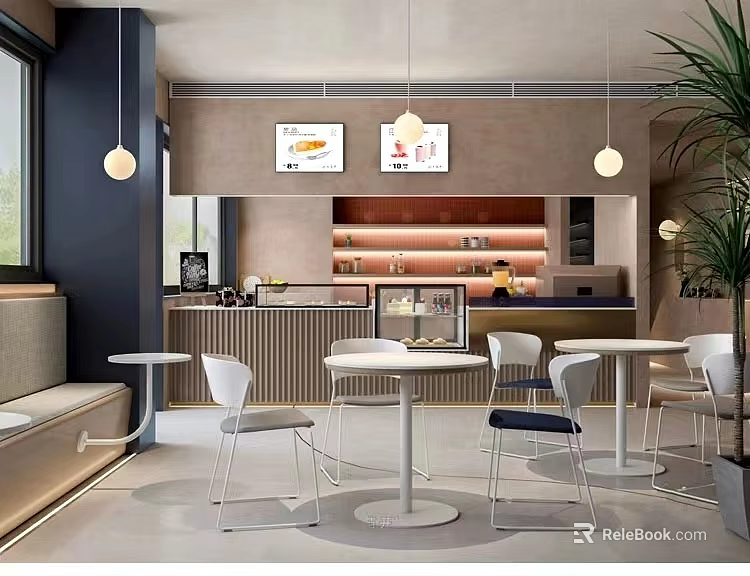 Modern Bubble Tea Shop Interior With Round Tables And Chairs 3d model