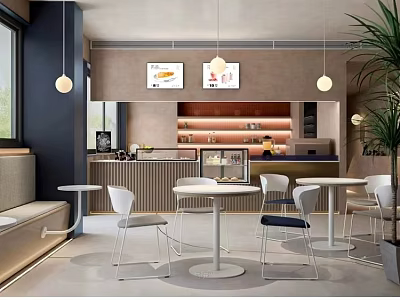 Modern Bubble Tea Shop Interior With Round Tables And Chairs 3d model