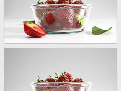 Fresh Ripe Strawberries in Glass Bowl with Sliced Strawberry and Green Leaf on White Background 3d model
