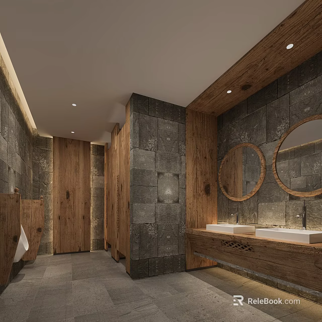 Modern Hotel Bathroom With Stone Walls Wooden Elements Round Mirrors And Double Sinks Vanity 3d model 