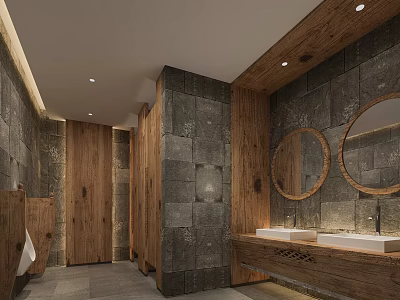 Modern Hotel Bathroom With Stone Walls Wooden Elements Round Mirrors And Double Sinks Vanity 3d model