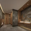 Modern Hotel Bathroom With Stone Walls Wooden Elements Round Mirrors And Double Sinks Vanity