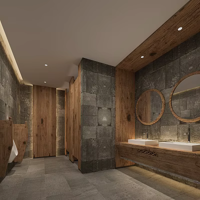Modern Hotel Bathroom With Stone Walls Wooden Elements Round Mirrors And Double Sinks Vanity 3d model